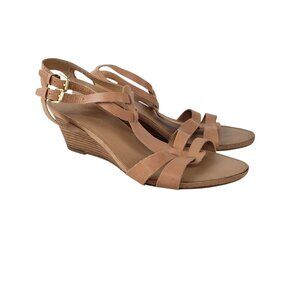 Franco Sarto Dare Nude Leather T-Strap Open Toe Wedge Sandals Womens Size 10